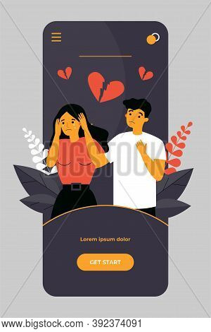 Heartbroken Couple Splitting Up. Stressed Upset Man And Crying Woman Separating Flat Vector Illustra