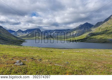 View Of Bolshoye Khadataeganlor Lake On A Cloudy August Day. Polar Ural, Russia