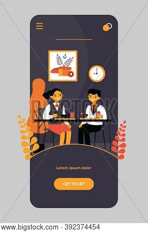 Children Having Lunch In School Canteen. Boys And Girls In Uniforms Eating In Cafeteria Or Dining Ha