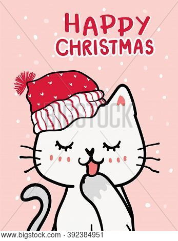 Merry Catmas, Christmas Greeting Card, Cute Naughty Cat With Santa Red Hat, Snow Falling In Deep Blu