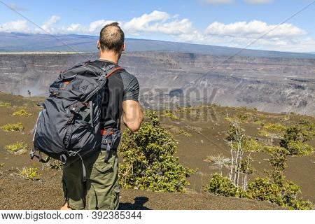 The Hawaii Volcano Tourist Man At Halemaumau Crater In Kilauea Caldera In Hawaii Volcanoes National 