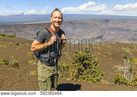 The Hawaii Volcano Tourist Man At Halemaumau Crater In Kilauea Caldera In Hawaii Volcanoes National 