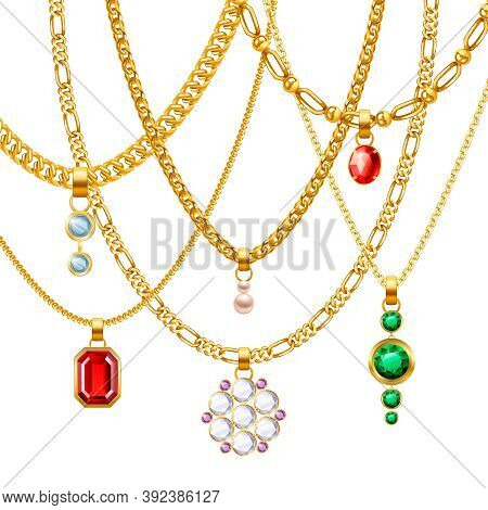 Golden Jewelry Chains Set With Different Pendants Realistic Vector Illustration