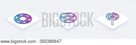 Set Isometric Line Star Of David, Pentagram In A Circle And Magic Wand. White Square Button. Vector