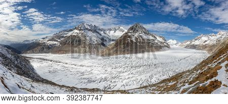 Aletsch Glacier Seen From Close Up Below Bettmerhorn. Panoramic View Of Glacier Stretching Through T