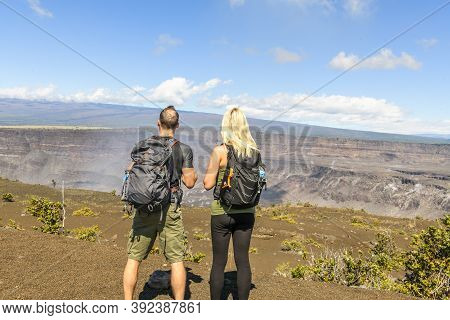 The Hiking Couple Seeing Volcano National Park From Crater On The Caldera Halemaumau Around Hawaii V
