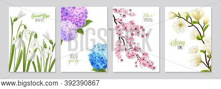 Realistic Snowdrop Flower Banners Set Featuring Four Floral Backgrounds With Realistic Images Of Flo