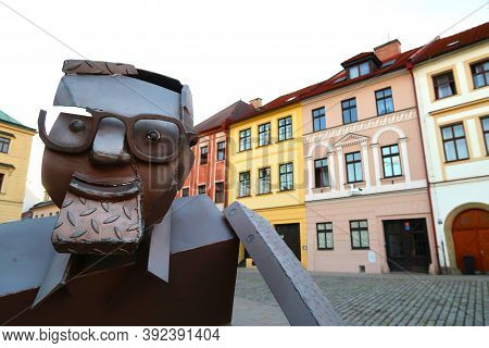 Small Square (male Namesti) In Hradec Kralove City, Czech Republic, Bohemian Region With The Statue 