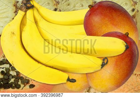 Tropical Fruit Bunch Of Fresh Yellow Bananas Mango Papaw And Pineapple
