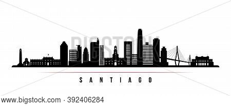 Santiago Skyline Horizontal Banner. Black And White Silhouette Of Santiago City, Chile. Vector Templ