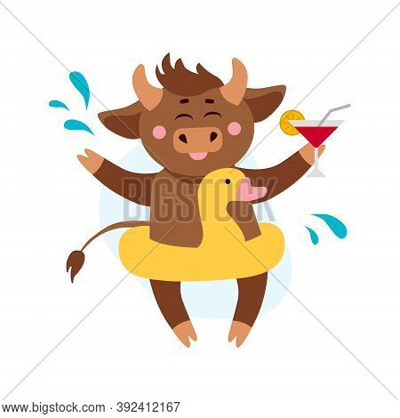 Vector Illustration Of Cow, Ox Or Bull Swimming In Inflatable Circle And Relaxing In Pool With Cockt