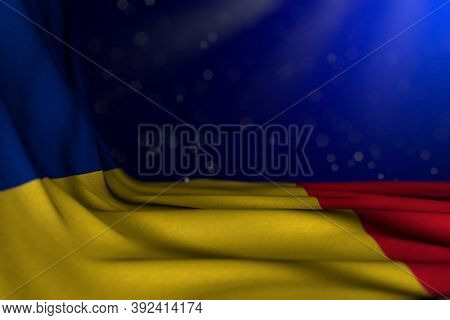 Beautiful Dark Illustration Of Romania Flag Lying In Corner On Blue Background With Soft Focus And E