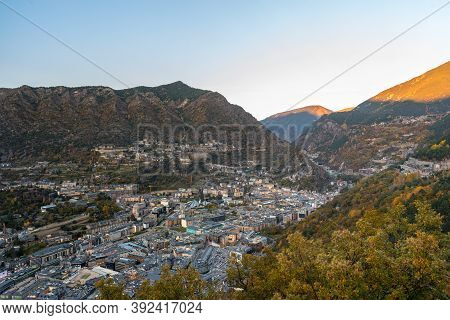 Andorra La Vella, Andorra : 2020 October 30 : Cityscape On The Sunset In Andorra La Vella,  Capital 