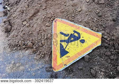 Road Work Sign Under Construction.caution Symbol.yellow Triangle Safety Sign Warns About Roadworks. 
