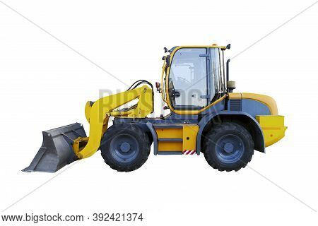 Yellow Wheel Loader Isolated On White. Yellow Front Loader. Loading Shovel. Industrial Vehicle. Pneu