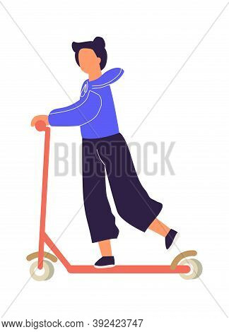 Cartoon Woman Riding On Bicycle. Walking Cute Girl. Young Female And Eco-friendly Vehicle. Movement 