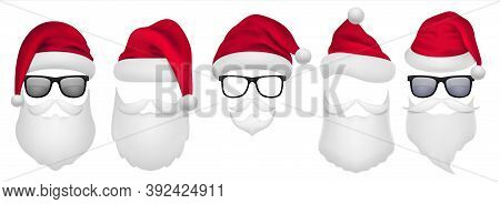 Santa Claus Beard. Christmas Character Template. Winter Red Hat, Glasses And White Facial Hair And M