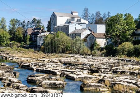 Impressive Rock Formation In The Ain River At Pont De Poitte Village , Jura In France