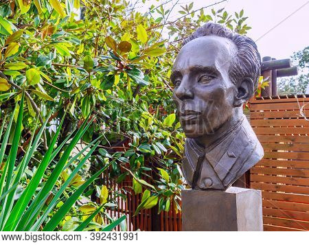 Russia, Sochi 18.02.2020. The Iron Head Of The Writer Ostrovsky In The Riviera Park