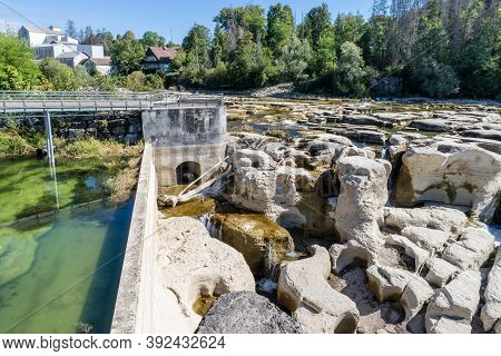 Impressive Rock Formation In The Ain River At Pont De Poitte Village , Jura In France