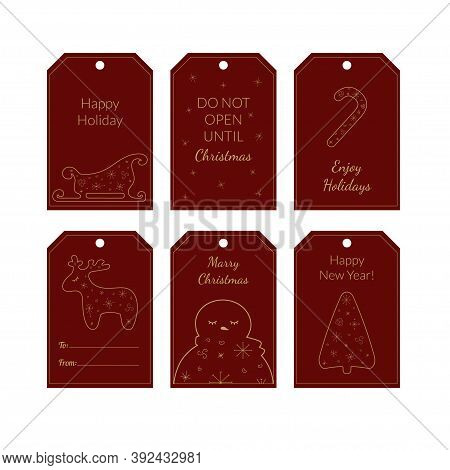 Collection Of Six Christmas And New Year Cute Invitation Tags. Set Of Holiday Label With Sleigh, Can