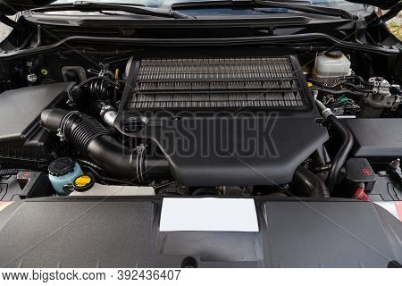 Front Engine Compartment Of An Old Japanese Car With Clean Components And Assemblies Plastic Housing