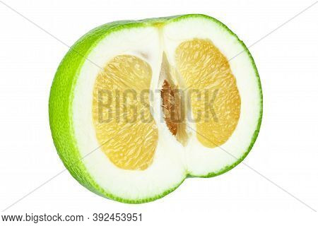 Half Citrus Sweetie Or Pomelit, Oroblanco Isolated On White Background Close-up. Field With Clipping