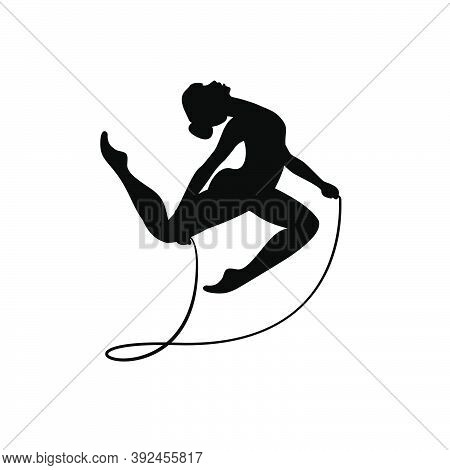 Rhythmic Gymnastics Girl With Kipping Rope. Vector Dancer Silhouette Black On White