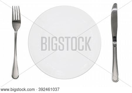 Empty Plate Fork Knife Cutlery. Isolated On White Background