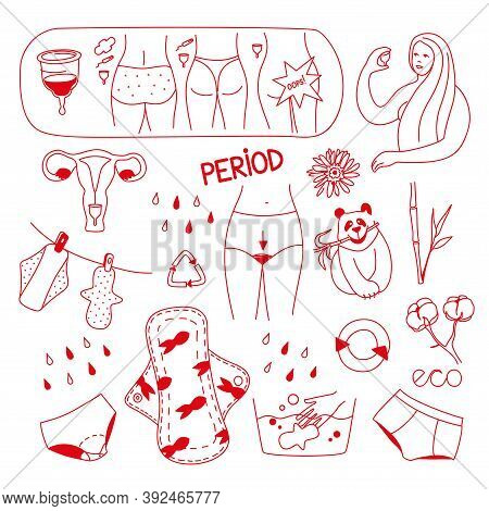 Vector Illustration On The Theme Of Reusable Female Intimate Hygiene Products. Menstrual Cups, Reusa