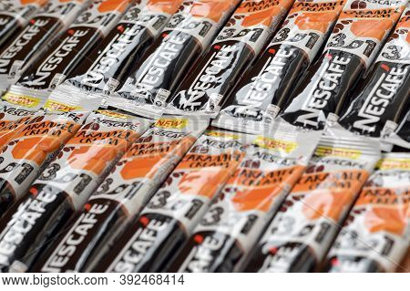Many Nescafe Caramel Cream Coffee Sticks. Nescafe Is A Brand Of Coffee Made By Nestle, Swiss Multina