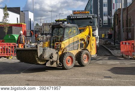 Doncaster, Yorkshire, England -  October 7, 2020. Big Sweeper Broom For Excavators Near The Doncaste