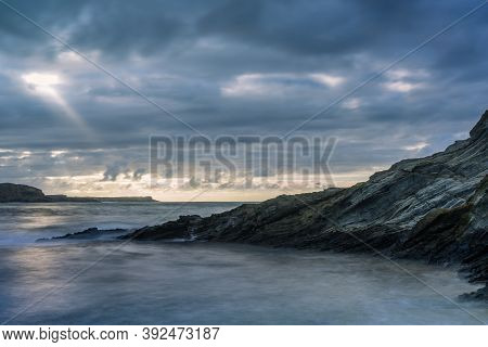 Serantes Beach Landscape With Rocks And Sea Water In Asturias, Spain