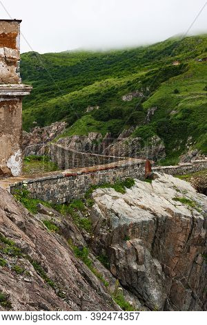 Huge Rocks On The Ocean, Sea Summer Landscape, Old Stone Building On A High Cliff, Gamova Lighthouse