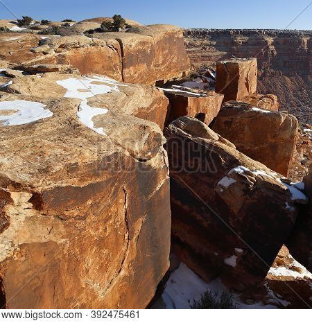 Muley Point Panoramic Overlook With Red Sandstone In Foreground, Early Winter Morning. Usa, Utah.