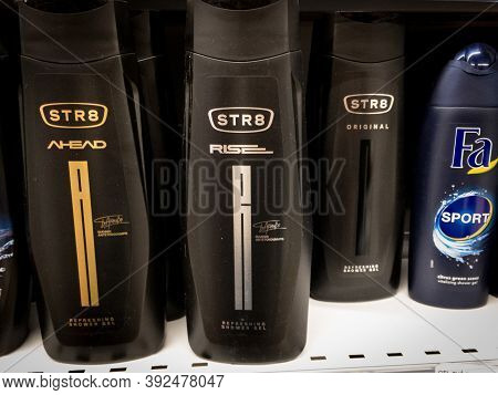 Belgrade, Serbia - October 1, 2020: Str8 Logo On Some Of Their Shampoo And Shower Gel Bottles For Sa