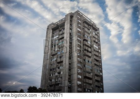Selective Blur On A High Rise Building From Novi Beograd, In Belgrade, Serbia, A Traditional Communi