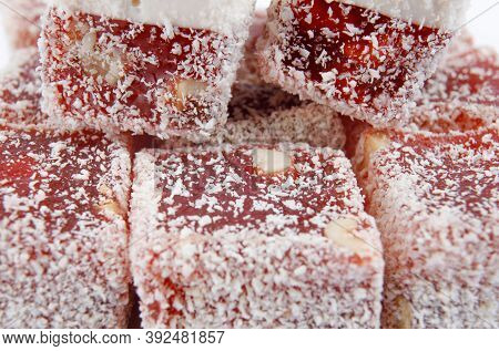 Oriental Sweets, Rahat Lucum On A White Background. Beautiful Background.