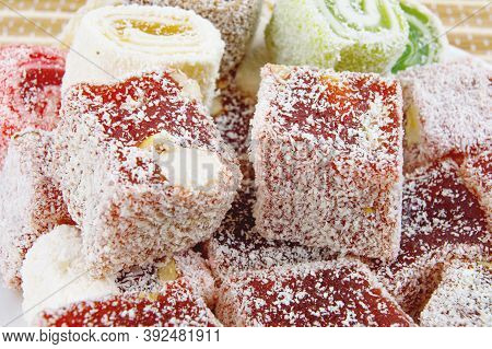 Oriental Sweets, Rahat Lucum. Beautiful Background. Delicious And Beautiful Candy. Sweets.