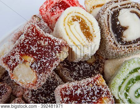 Oriental Sweets, Multicolored Rachate Lucum. Beautiful Background.