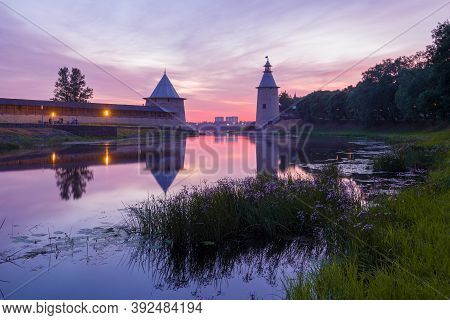 Lilac Twilight On The Pskova River. Pskov, Russia