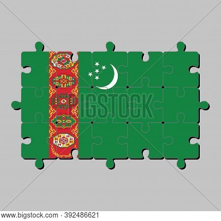 Jigsaw Puzzle Of Turkmenistan Flag In Green Field With Red Stripe Containing Five Carpet Guls Stacke