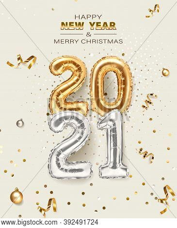 2021 Golden Decoration Holiday On Beige Background. Shiny Party Background. Gold Foil Balloons Numer