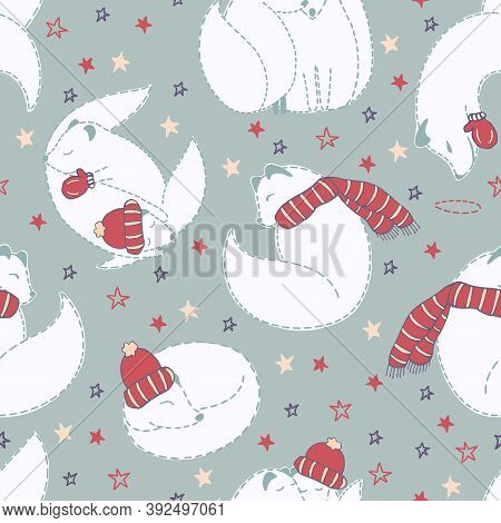 Vector Pattern Winter Theme Arctic Fox. Vector Pattern Winter Theme. Ideal For Fabrics, Cards, Gift 