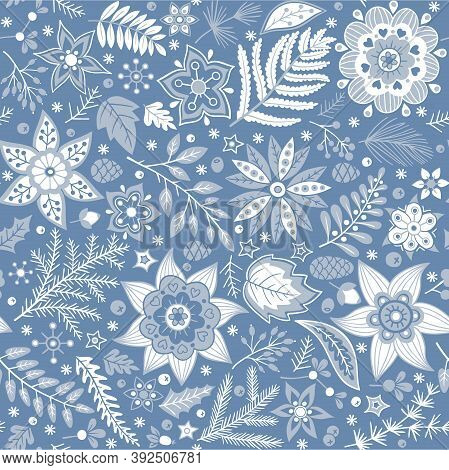 Christmas Floral Seamless Pattern. Vector Hand Drawn Doodle Floral Elements. Winter Ornament For Tex
