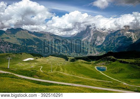 Road From Mannlichen To Grindelwald Seen From Mannlichen In Summer. Lauterbrunnen, Bernese Oberland,