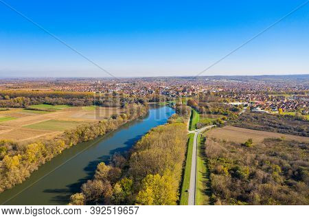 Beautiful Countryside Landscape In Croatia In Autumn, Kupa River And Petrinja Town In Background, Ae