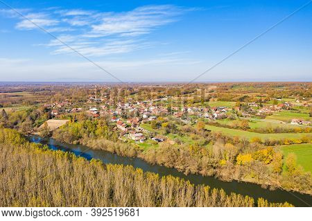 Beautiful Countryside Landscape In Croatia In Autumn, Forest And Kupa River, Aerial From Drone