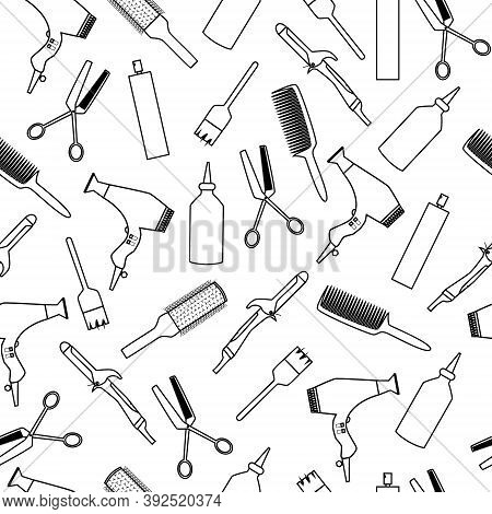 Black And White Hairdresser Tools Seamless Pattern With Curling Iron, Hair Blow, Comb, Bruh And Hair
