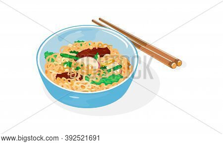 Light Blue Bowl Of Jajangmyeon With Chunjang And Chopsticks. Korean-style Chinese Noodle Dish Topped